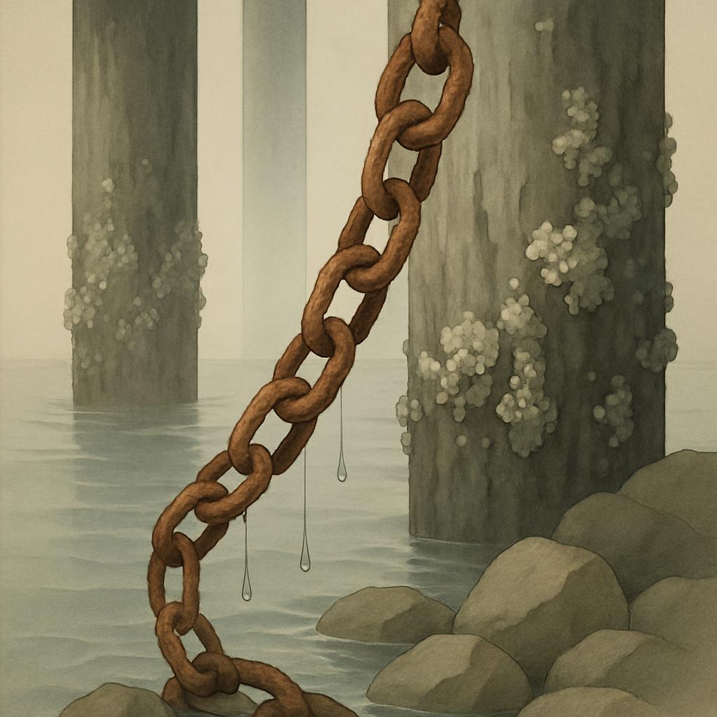 "A rusty chain sinks through the ocean around several large-sized gray pillars."