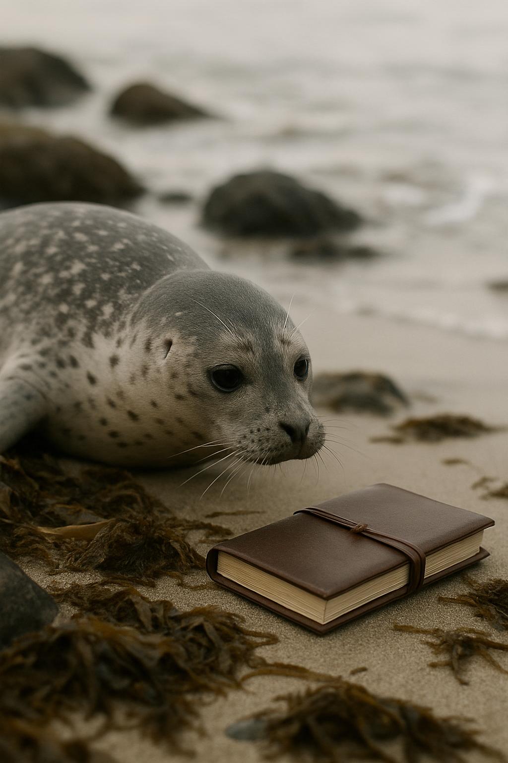 A gray seal, possibly endangered, lays in the sand, next to a journal with smooth, rounded leather binding, with seaweed c...