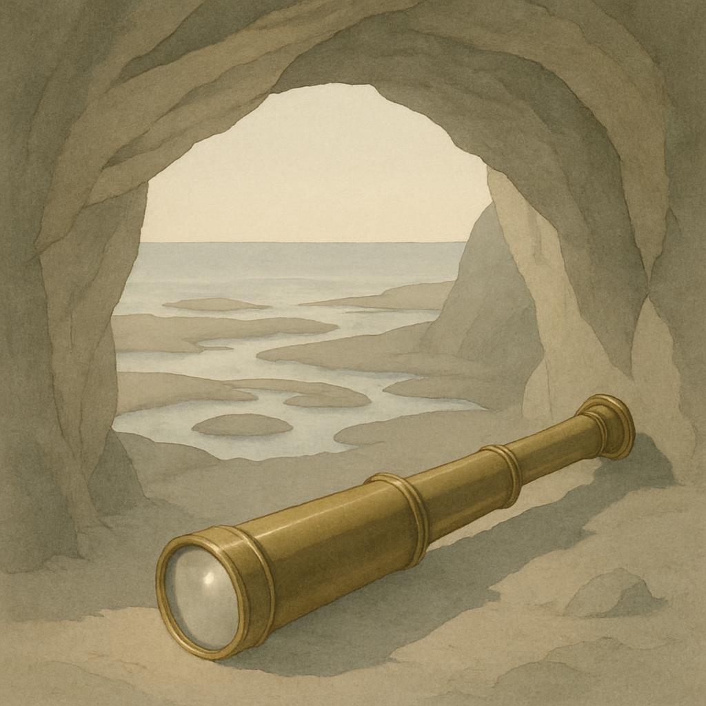 A sandy cave with a small, golden telescope pointing out to the sea.